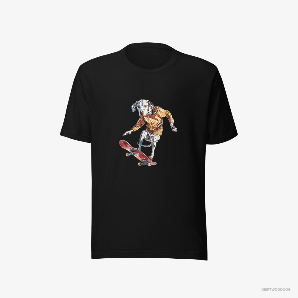 Dalmatian T-Shirt – Men Black T-Shirt Eco-Friendly – Balancing on a Skateboard (on White Background)