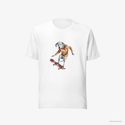 Dalmatian T-Shirt – Men White T-Shirt Eco-Friendly – Balancing on a Skateboard (on White Background)