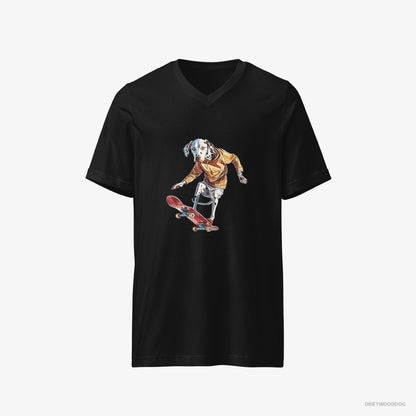 Dalmatian T-Shirt – Men Black T-Shirt V-Neck – Balancing on a Skateboard (on White Background)