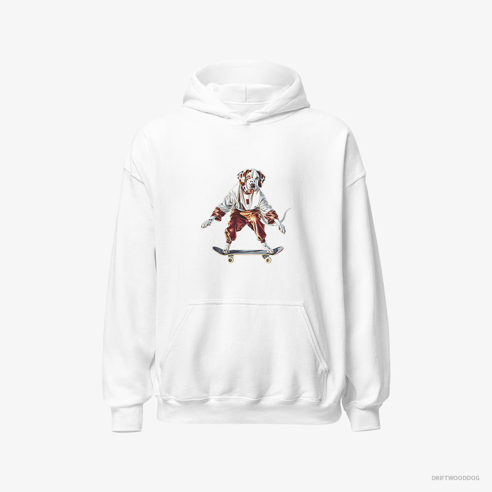 Dalmatian Hoodie – Women White Hoodie Classic – Rolling on a Skateboard (on White Background)