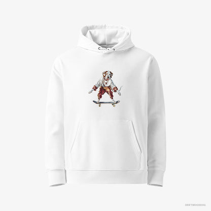 Dalmatian Hoodie – Men White Hoodie Eco-Friendly – Rolling on a Skateboard (on White Background)