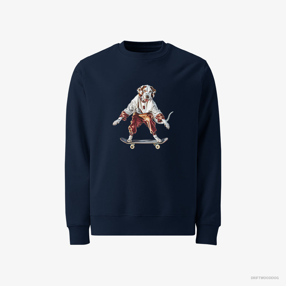 Dalmatian Sweatshirt – Men Navy Sweatshirt Classic – Rolling on a Skateboard (on White Background)