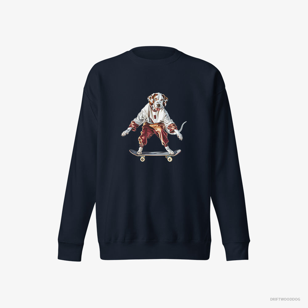 Dalmatian Sweatshirt – Women Navy Sweatshirt Eco-Friendly – Rolling on a Skateboard (on White Background)