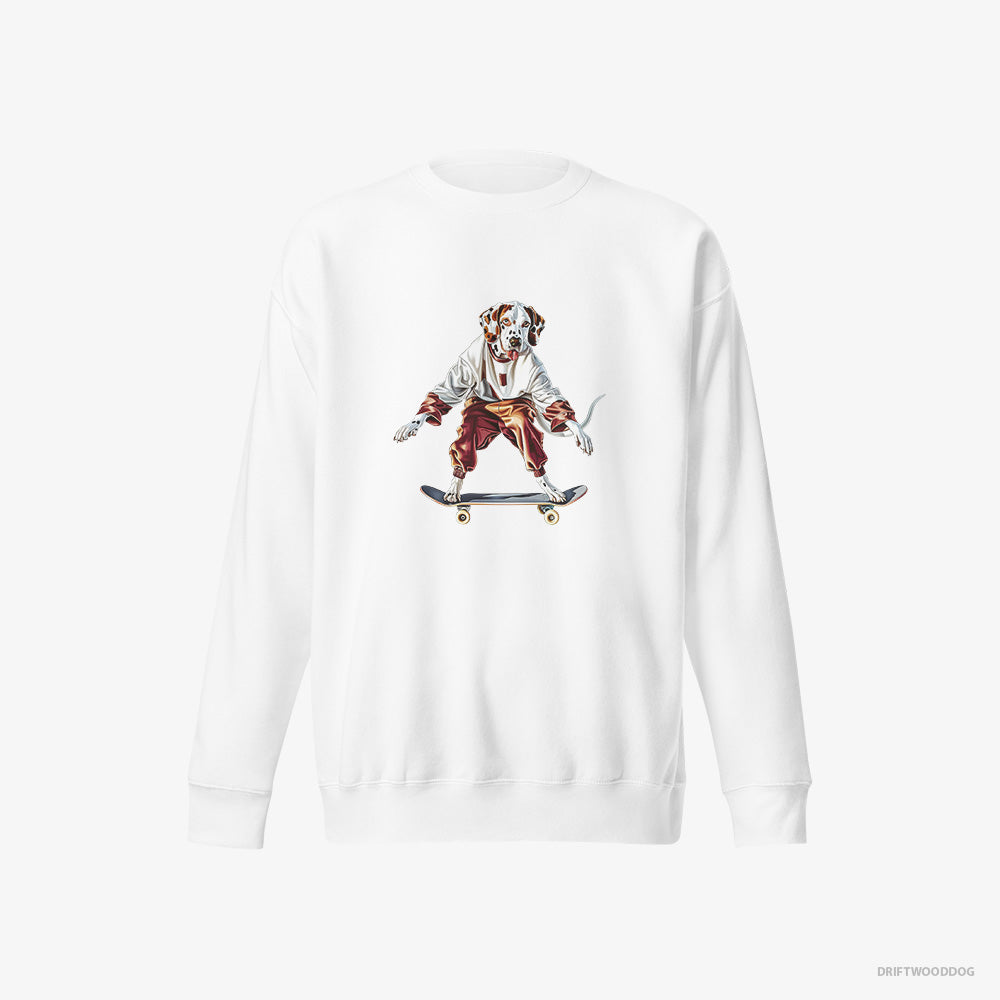 Dalmatian Sweatshirt – Men White Sweatshirt Eco-Friendly – Rolling on a Skateboard (on White Background)