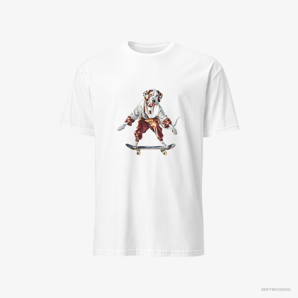 Dalmatian T-Shirt – Men White T-Shirt Classic – Rolling on a Skateboard (on White Background)