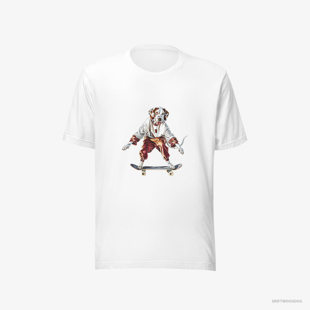 Dalmatian T-Shirt – Men White T-Shirt Eco-Friendly – Rolling on a Skateboard (on White Background)