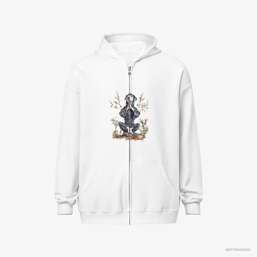 Dalmatian Hoodie – Women White Hoodie Full-Zip – Meditating in a Japanese Garden (on White Background)