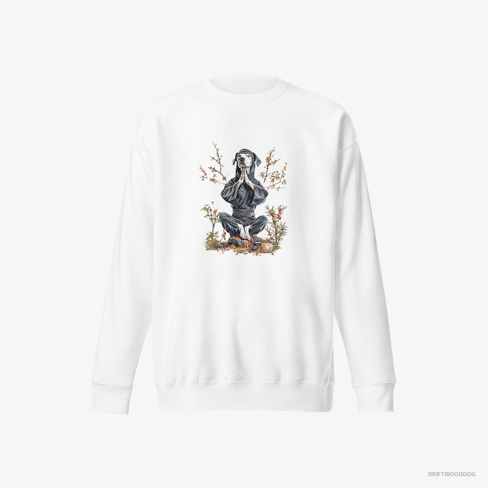 Dalmatian Sweatshirt – Women White Sweatshirt Eco-Friendly – Meditating in a Japanese Garden (on White Background)