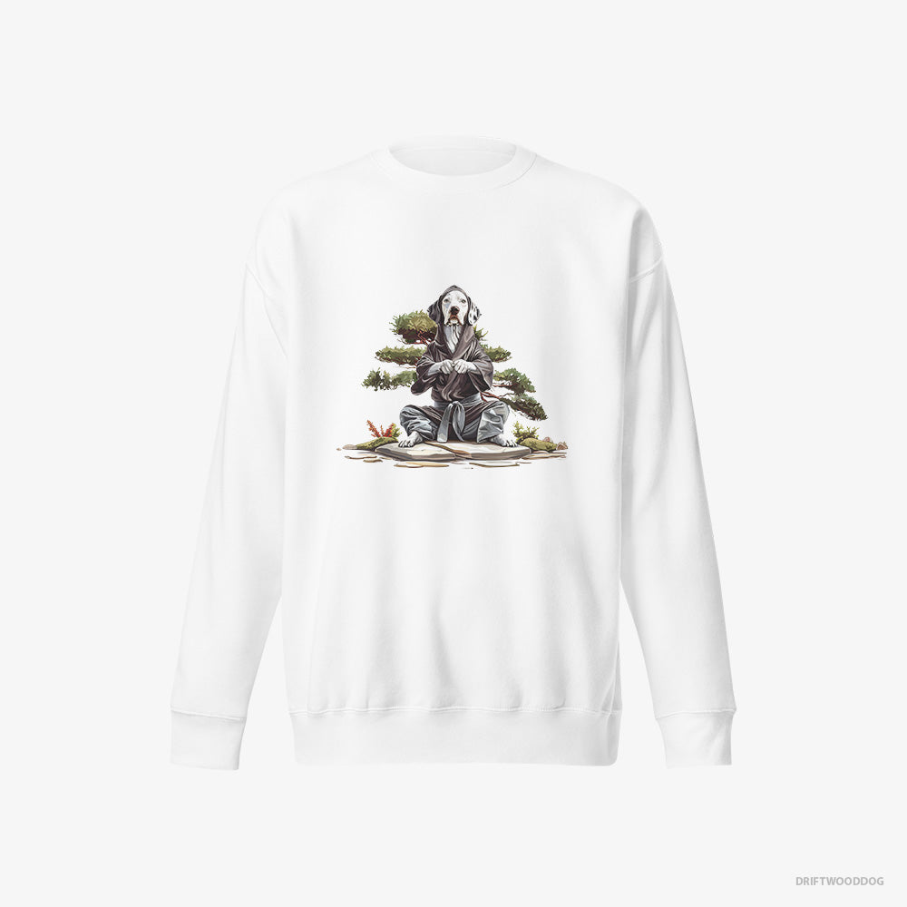 Dalmatian Sweatshirt – Men White Sweatshirt Eco-Friendly – in Meditation Among Japanese Plants (on White Background)