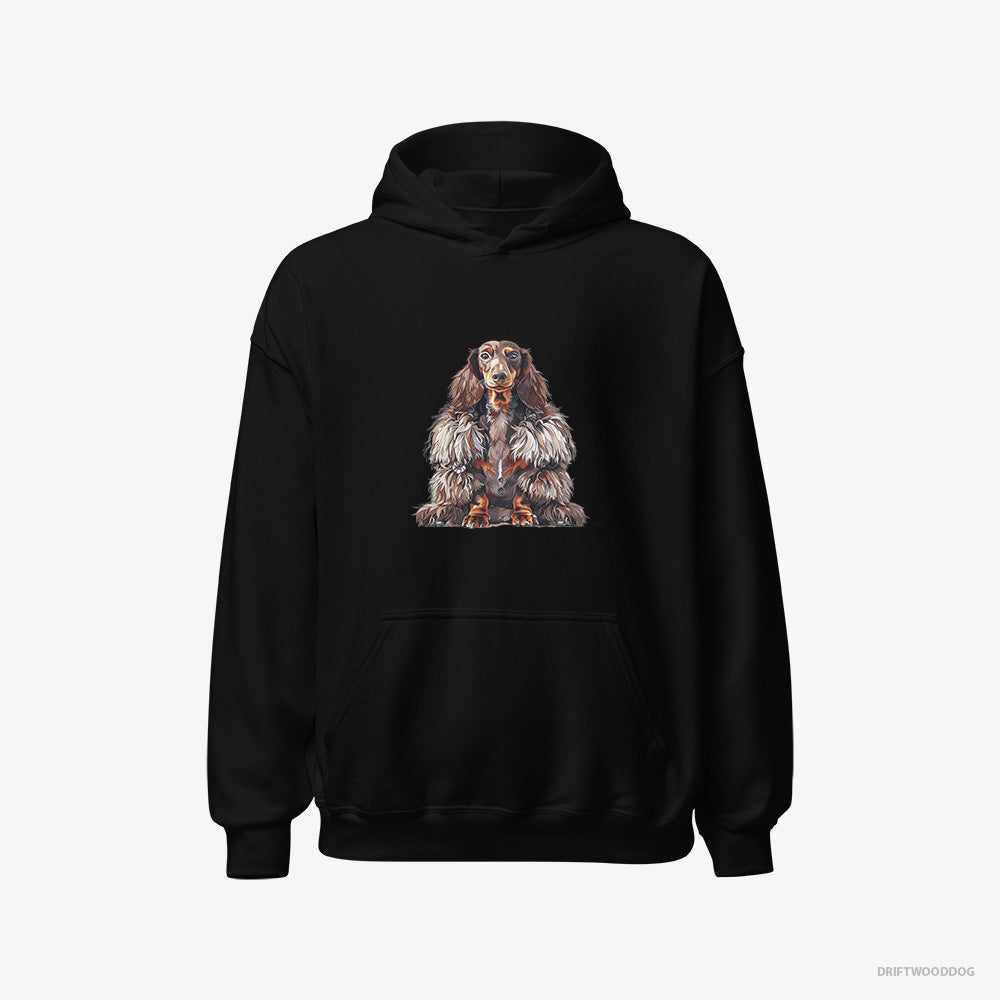 Dachshund Hoodie – Women Black Hoodie Classic – in a Fluffy Winter Fur Coat (on White Background)