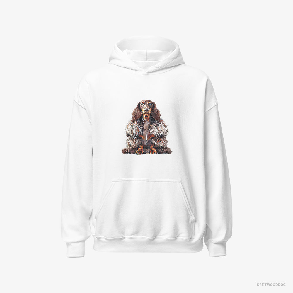 Dachshund Hoodie – Women White Hoodie Classic – in a Fluffy Winter Fur Coat (on White Background)