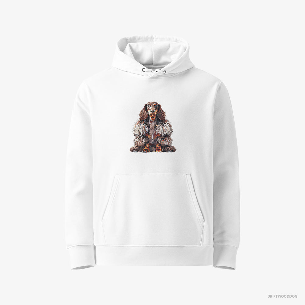 Dachshund Hoodie – Women White Hoodie Eco-Friendly – in a Fluffy Winter Fur Coat (on White Background)