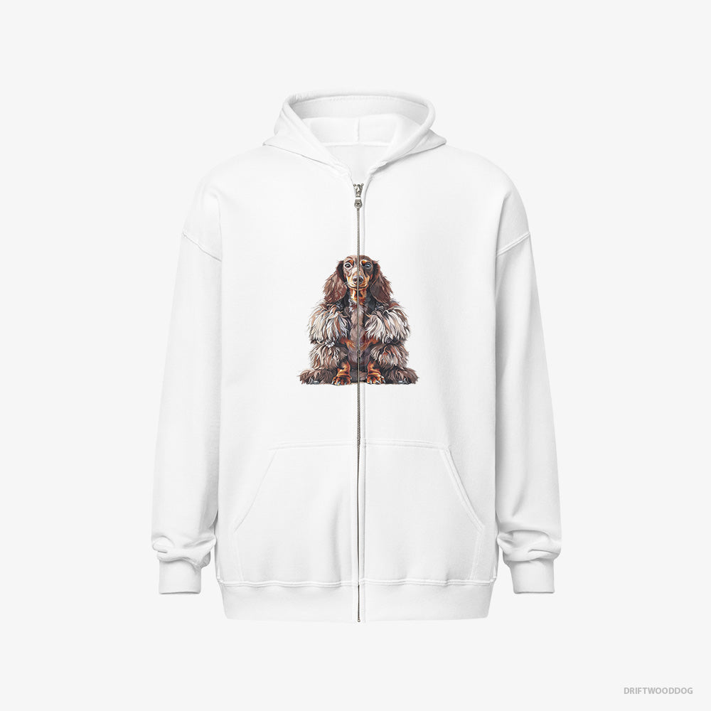 Dachshund Hoodie – Women White Hoodie Full-Zip – in a Fluffy Winter Fur Coat (on White Background)