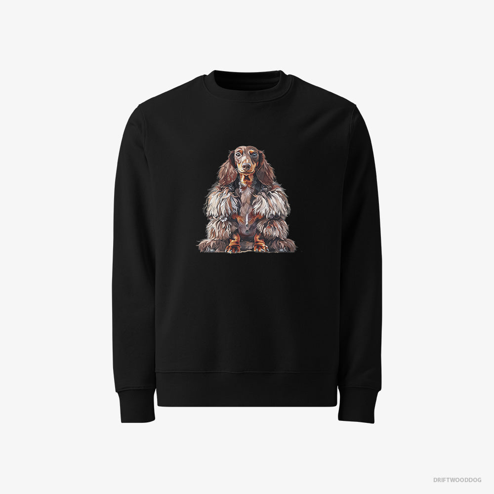 Dachshund Sweatshirt – Women Black Sweatshirt Classic – in a Fluffy Winter Fur Coat (on White Background)