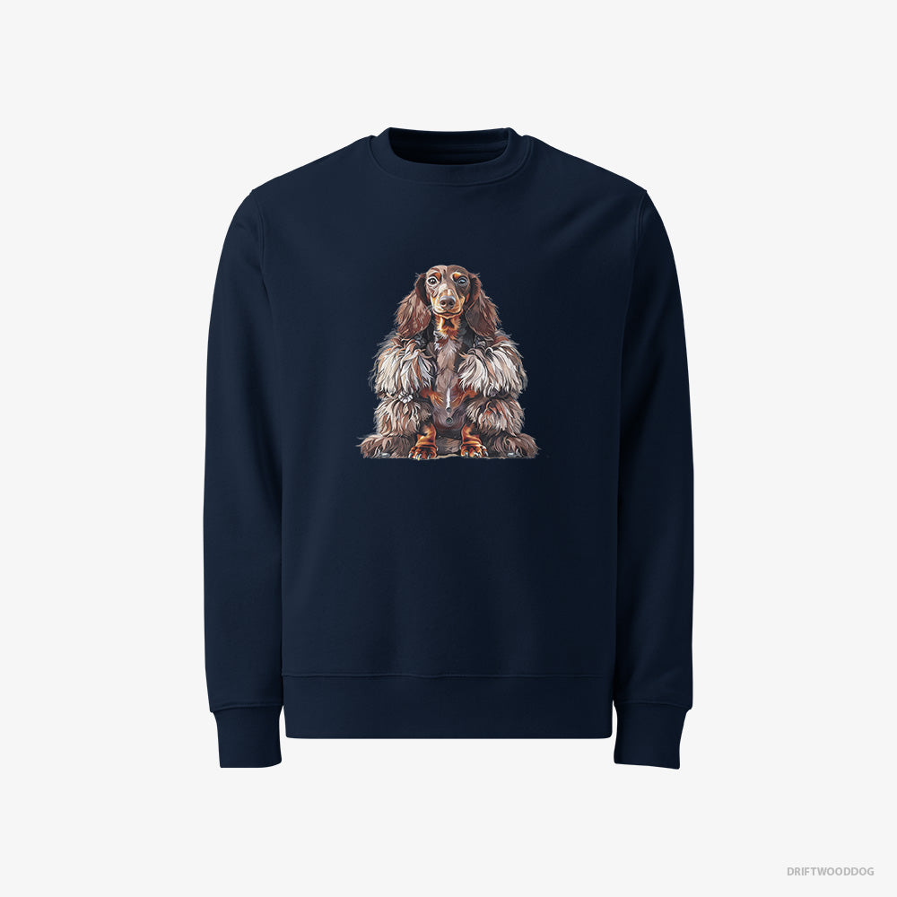 Dachshund Sweatshirt – Women Navy Sweatshirt Classic – in a Fluffy Winter Fur Coat (on White Background)