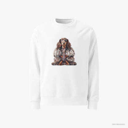 Dachshund Sweatshirt – Women White Sweatshirt Classic – in a Fluffy Winter Fur Coat (on White Background)