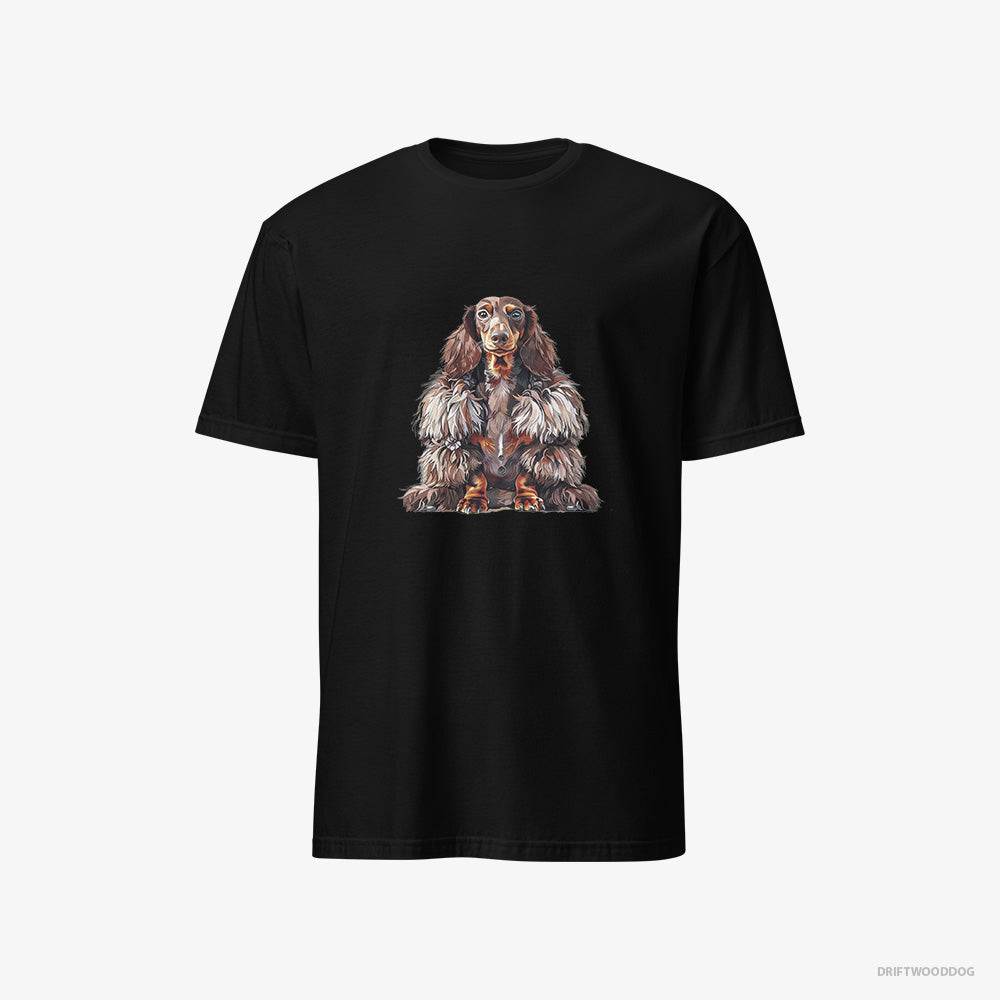 Dachshund T-Shirt – Women Black T-Shirt Classic – in a Fluffy Winter Fur Coat (on White Background)