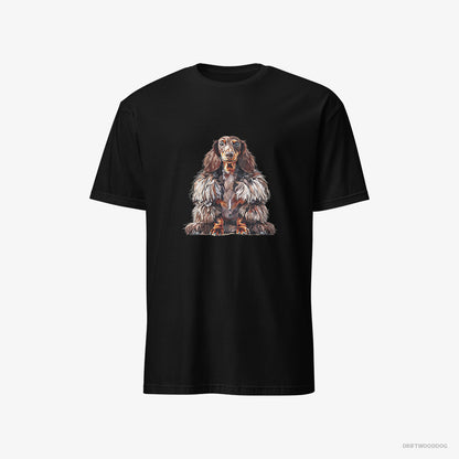 Dachshund T-Shirt – Women Black T-Shirt Classic – in a Fluffy Winter Fur Coat (on White Background)