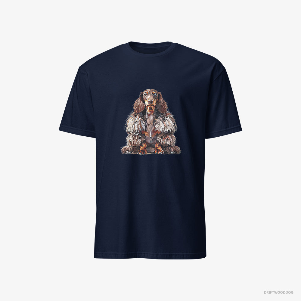 Dachshund T-Shirt – Women Navy T-Shirt Classic – in a Fluffy Winter Fur Coat (on White Background)