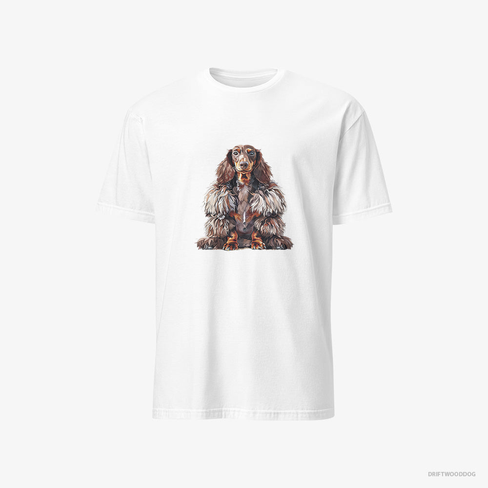 Dachshund T-Shirt – Women White T-Shirt Classic – in a Fluffy Winter Fur Coat (on White Background)