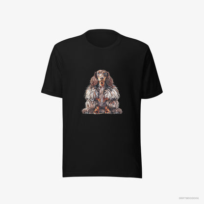 Dachshund T-Shirt – Women Black T-Shirt Eco-Friendly – in a Fluffy Winter Fur Coat (on White Background)