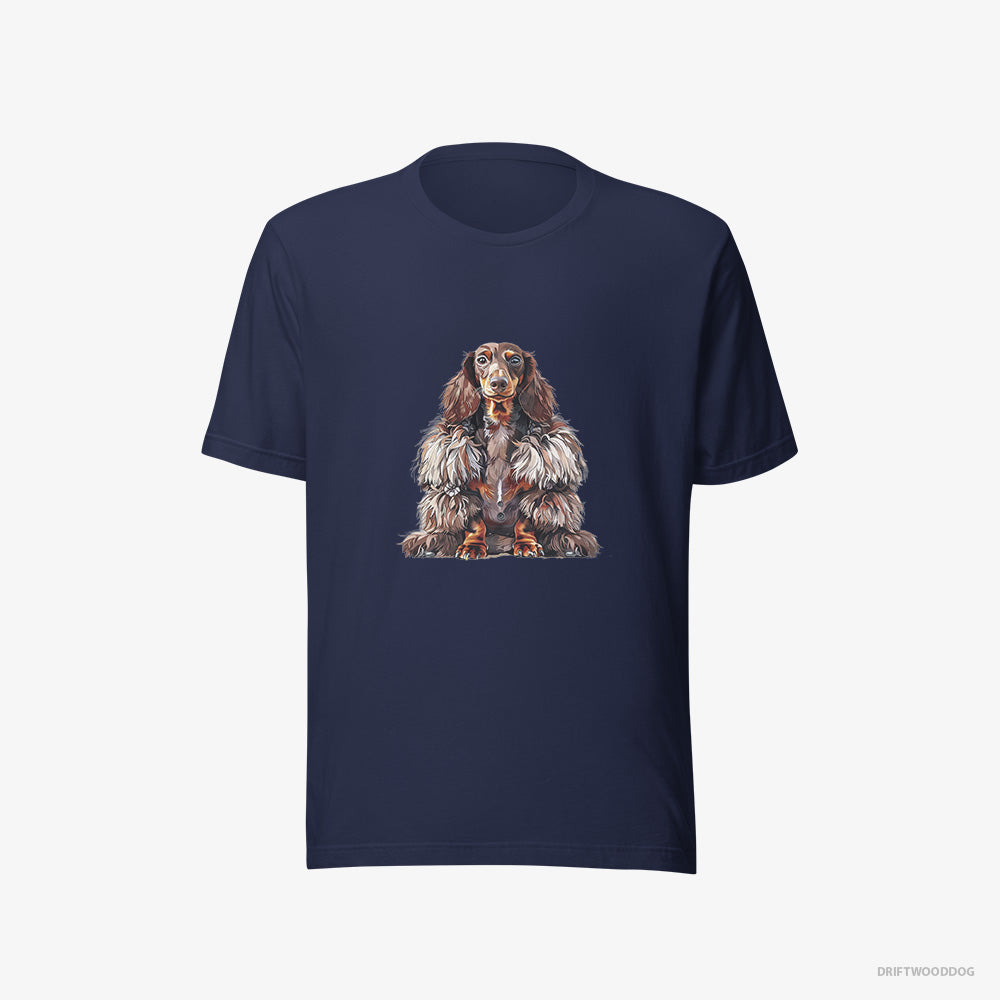 Dachshund T-Shirt – Women Navy T-Shirt Eco-Friendly – in a Fluffy Winter Fur Coat (on White Background)