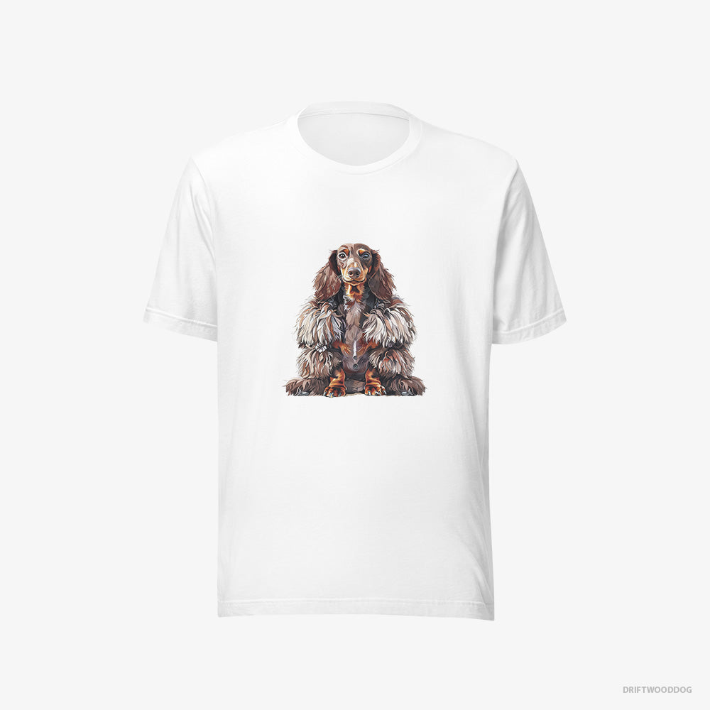 Dachshund T-Shirt – Women White T-Shirt Eco-Friendly – in a Fluffy Winter Fur Coat (on White Background)