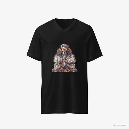 Dachshund T-Shirt – Women Black T-Shirt V-Neck – in a Fluffy Winter Fur Coat (on White Background)