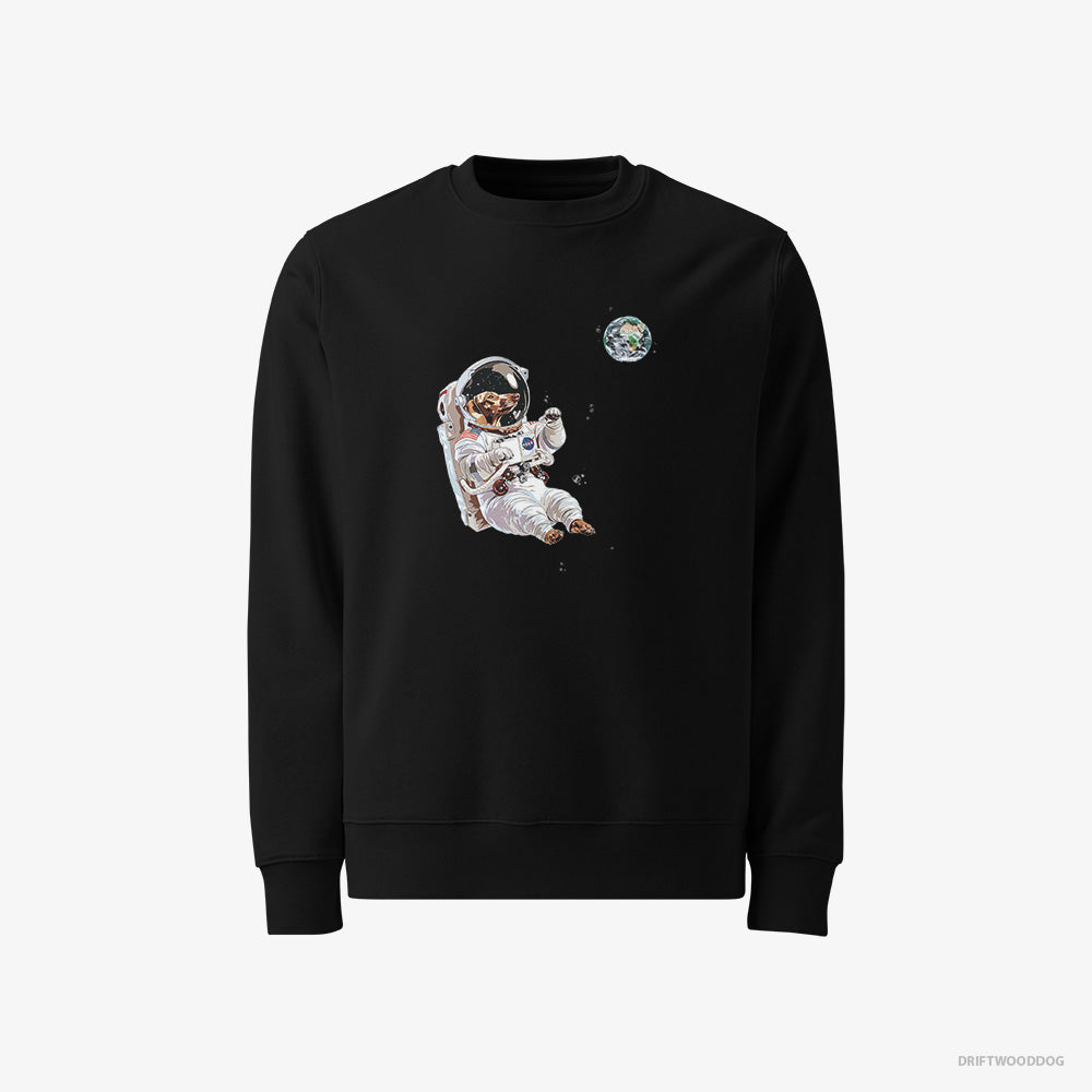 Dachshund Sweatshirt – Men Black Sweatshirt Classic – as a Space Explorer (on White Background)