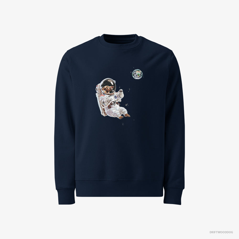 Dachshund Sweatshirt – Men Navy Sweatshirt Classic – as a Space Explorer (on White Background)