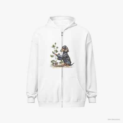 Dachshund Hoodie – Men White Hoodie Full-Zip – Caring for Japanese Garden (on White Background)