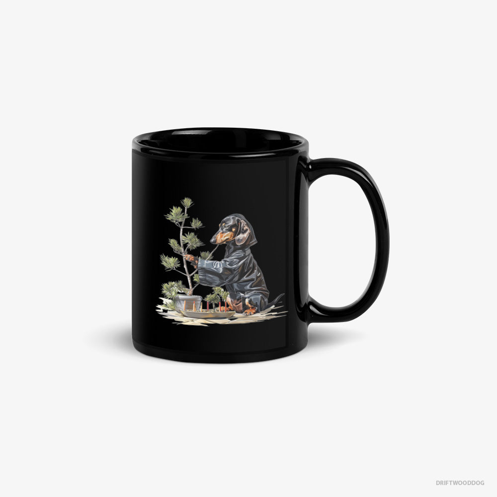 Dachshund Mug – Unisex Black Mug Classic – Caring for Japanese Garden (on White Background)