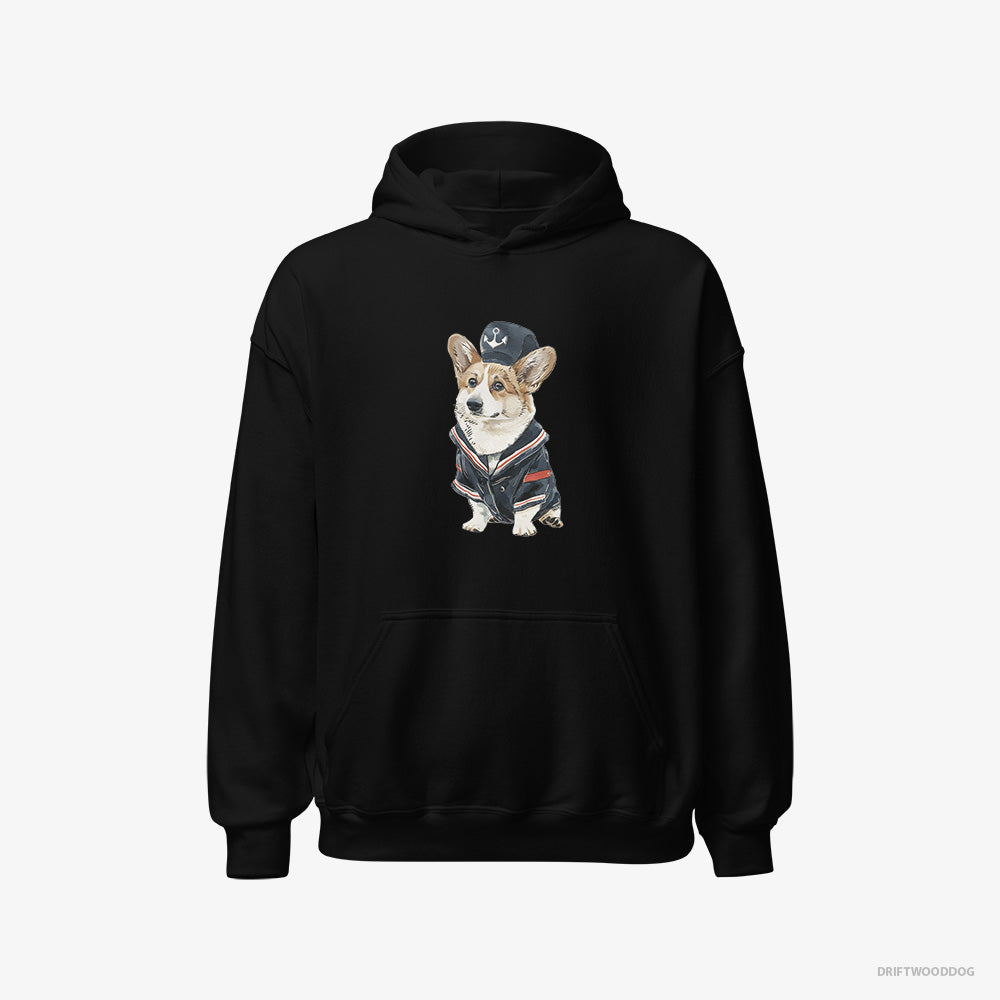 Corgi Hoodie – Men Black Hoodie Classic – in a Sailor Outfit (on White Background)