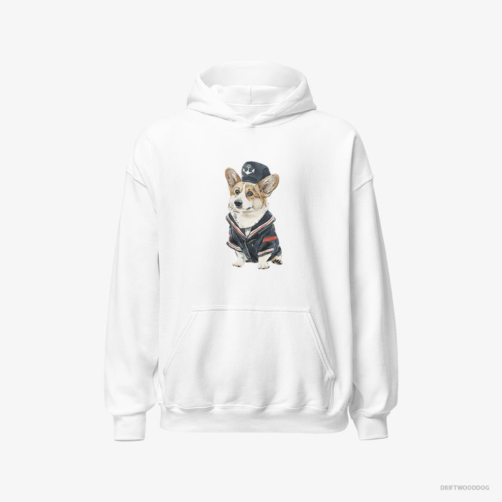 Corgi Hoodie – Men White Hoodie Classic – in a Sailor Outfit (on White Background)