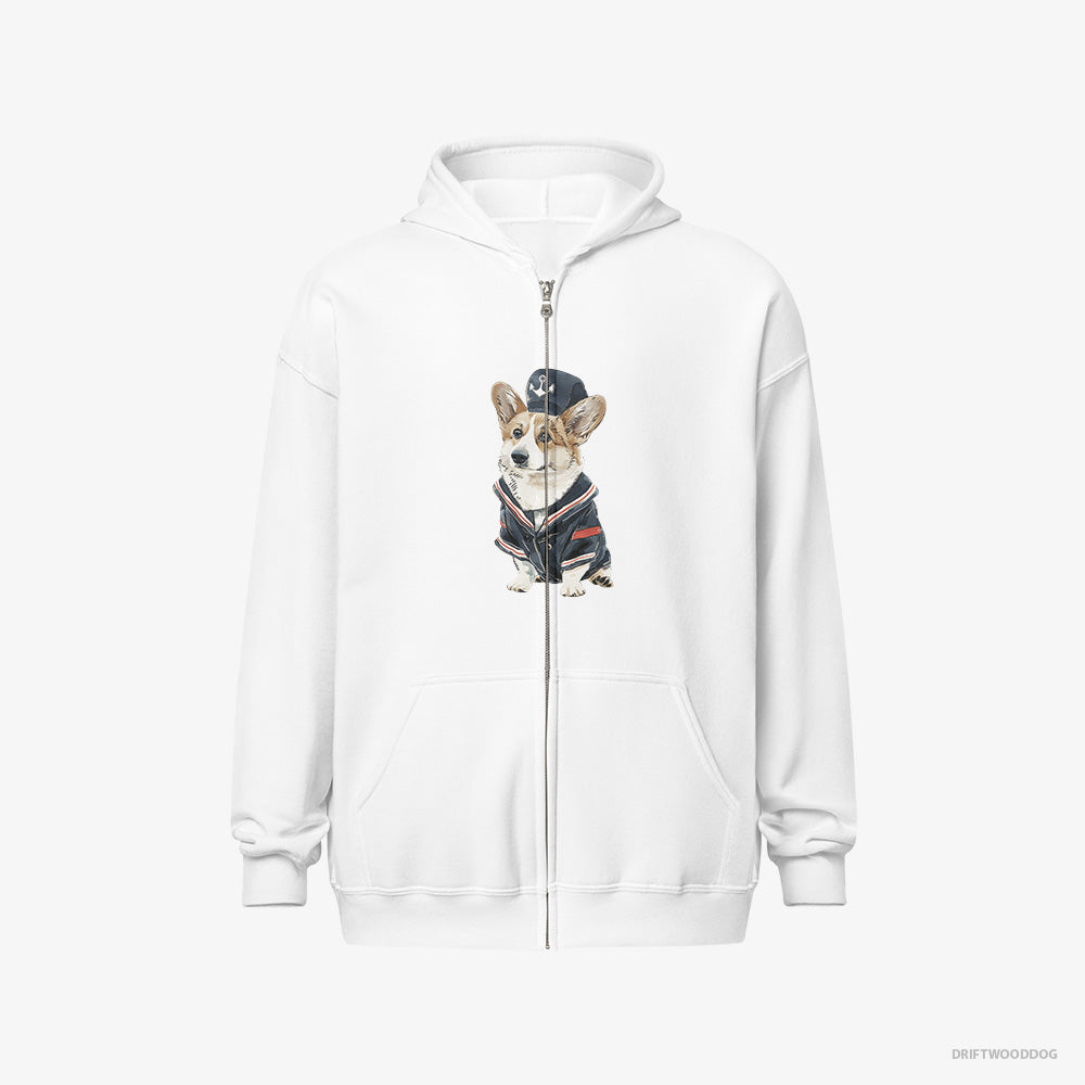 Corgi Hoodie – Men White Hoodie Full-Zip – in a Sailor Outfit (on White Background)