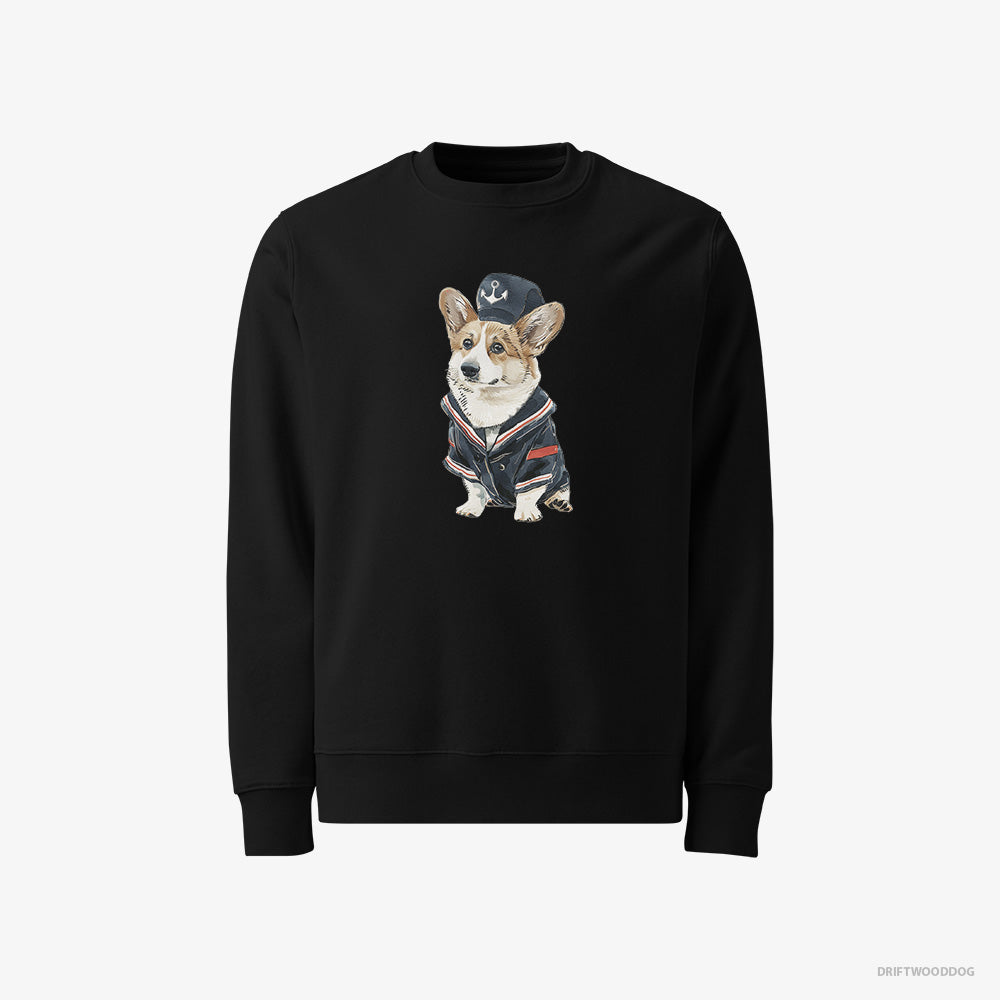 Corgi Sweatshirt – Men Black Sweatshirt Classic – in a Sailor Outfit (on White Background)