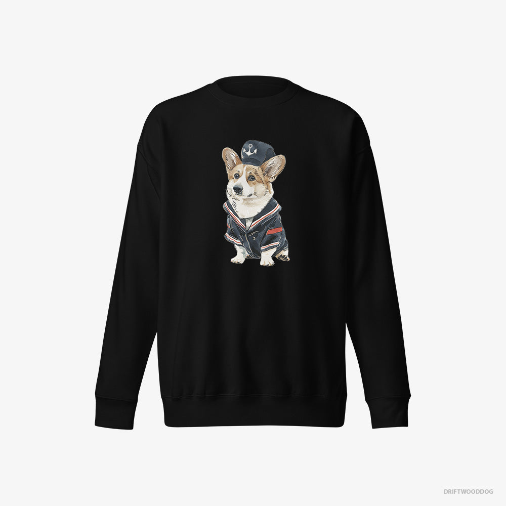 Corgi Sweatshirt – Men Black Sweatshirt Eco-Friendly – in a Sailor Outfit (on White Background)