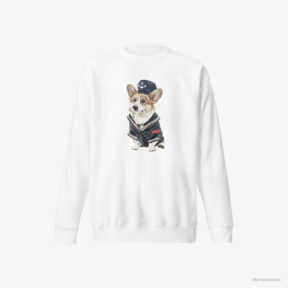 Corgi Sweatshirt – Men White Sweatshirt Eco-Friendly – in a Sailor Outfit (on White Background)