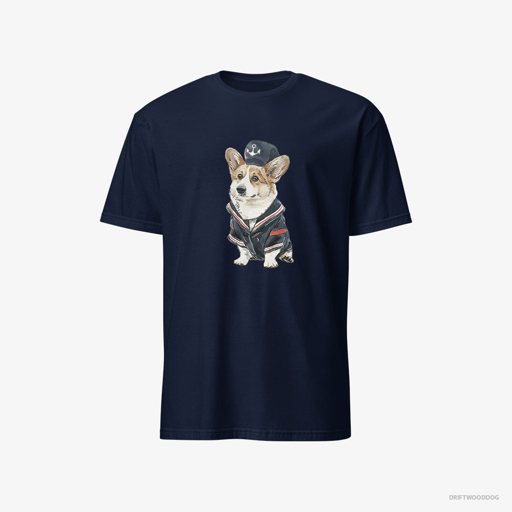 Corgi T-Shirt – Men Navy T-Shirt Classic – in a Sailor Outfit (on White Background)