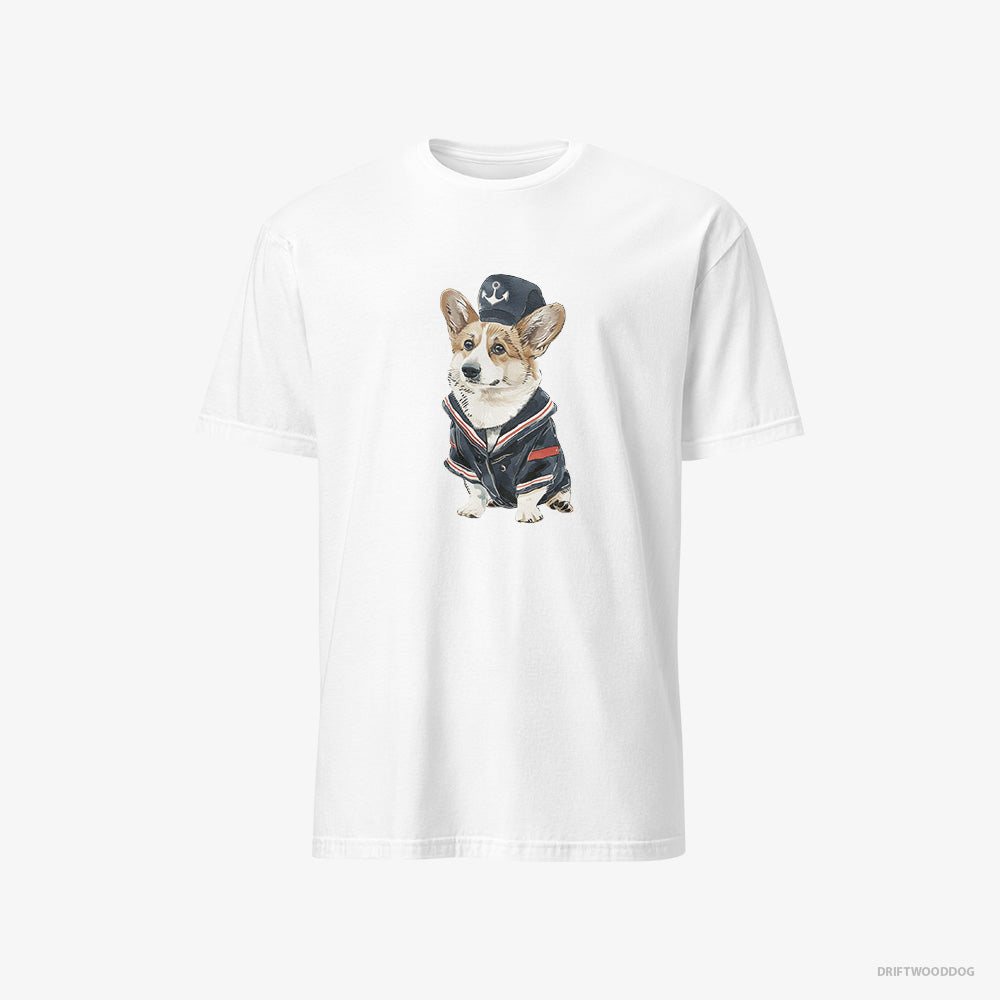 Corgi T-Shirt – Men White T-Shirt Classic – in a Sailor Outfit (on White Background)