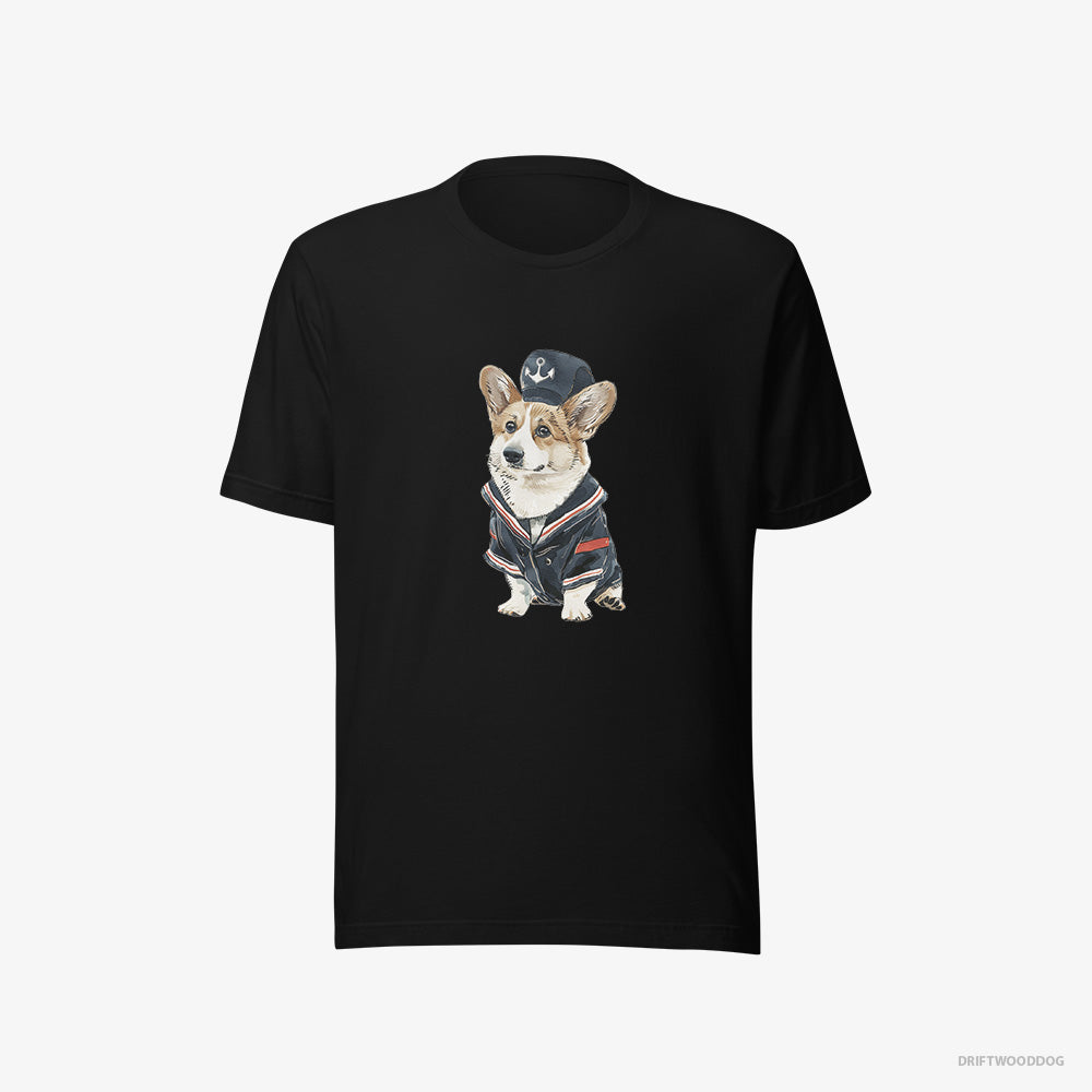 Corgi T-Shirt – Women Black T-Shirt Eco-Friendly – in a Sailor Outfit (on White Background)