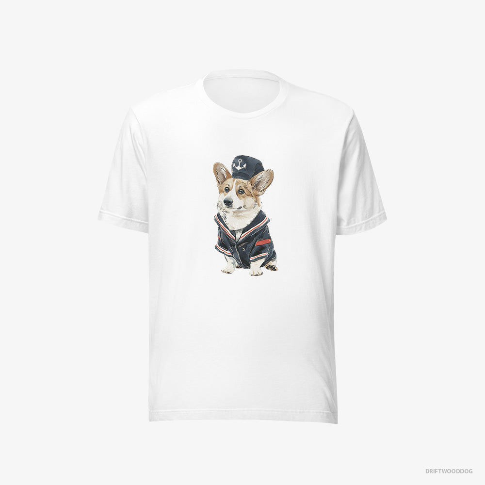 Corgi T-Shirt – Women White T-Shirt Eco-Friendly – in a Sailor Outfit (on White Background)