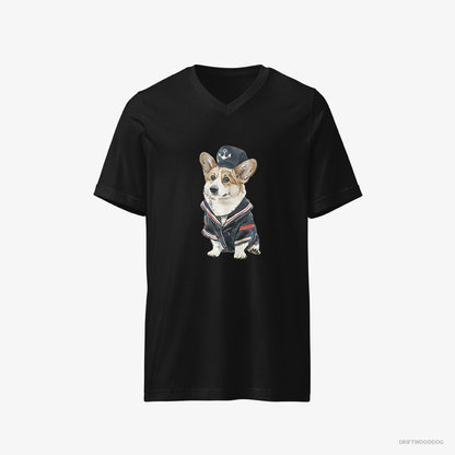 Corgi T-Shirt – Men Black T-Shirt V-Neck – in a Sailor Outfit (on White Background)