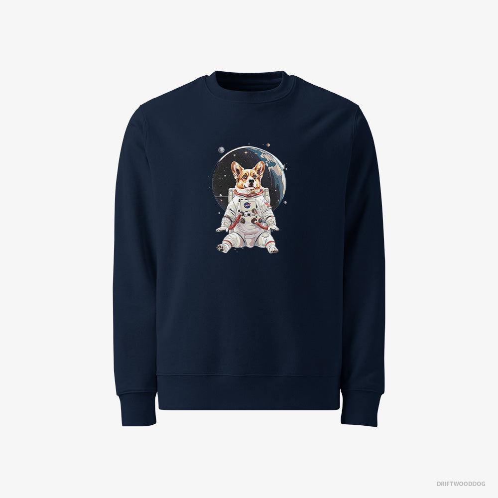 Corgi Sweatshirt – Women Navy Sweatshirt Classic – Adventuring in Space (on White Background)