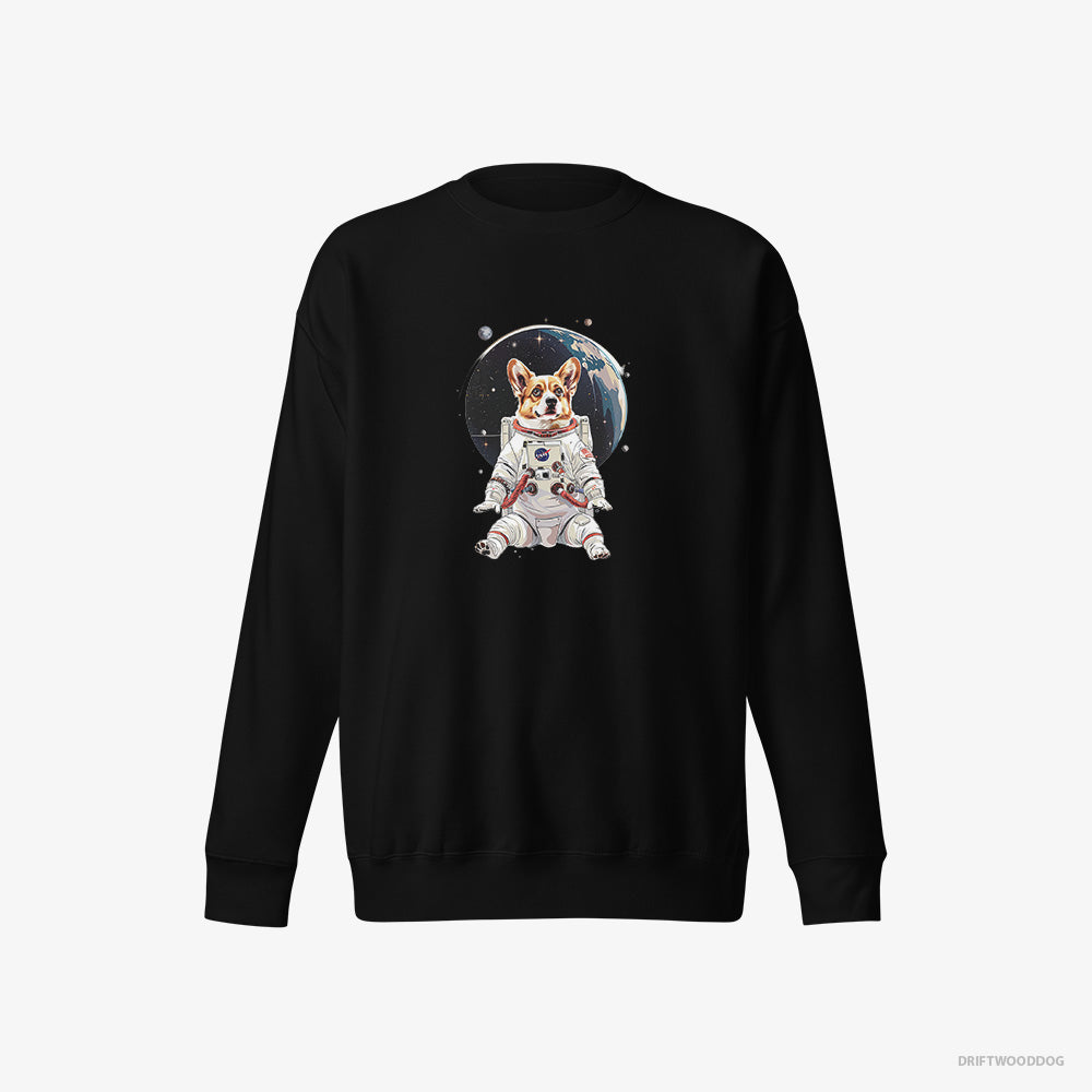 Corgi Sweatshirt – Women Black Sweatshirt Eco-Friendly – Adventuring in Space (on White Background)