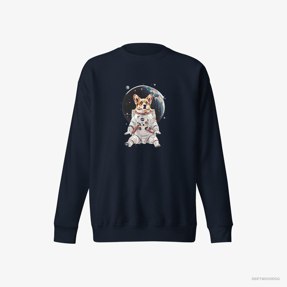 Corgi Sweatshirt – Women Navy Sweatshirt Eco-Friendly – Adventuring in Space (on White Background)