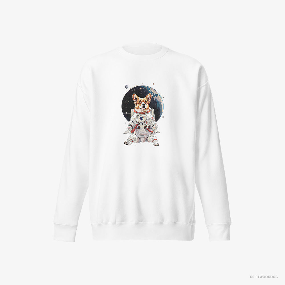 Corgi Sweatshirt – Men White Sweatshirt Eco-Friendly – Adventuring in Space (on White Background)