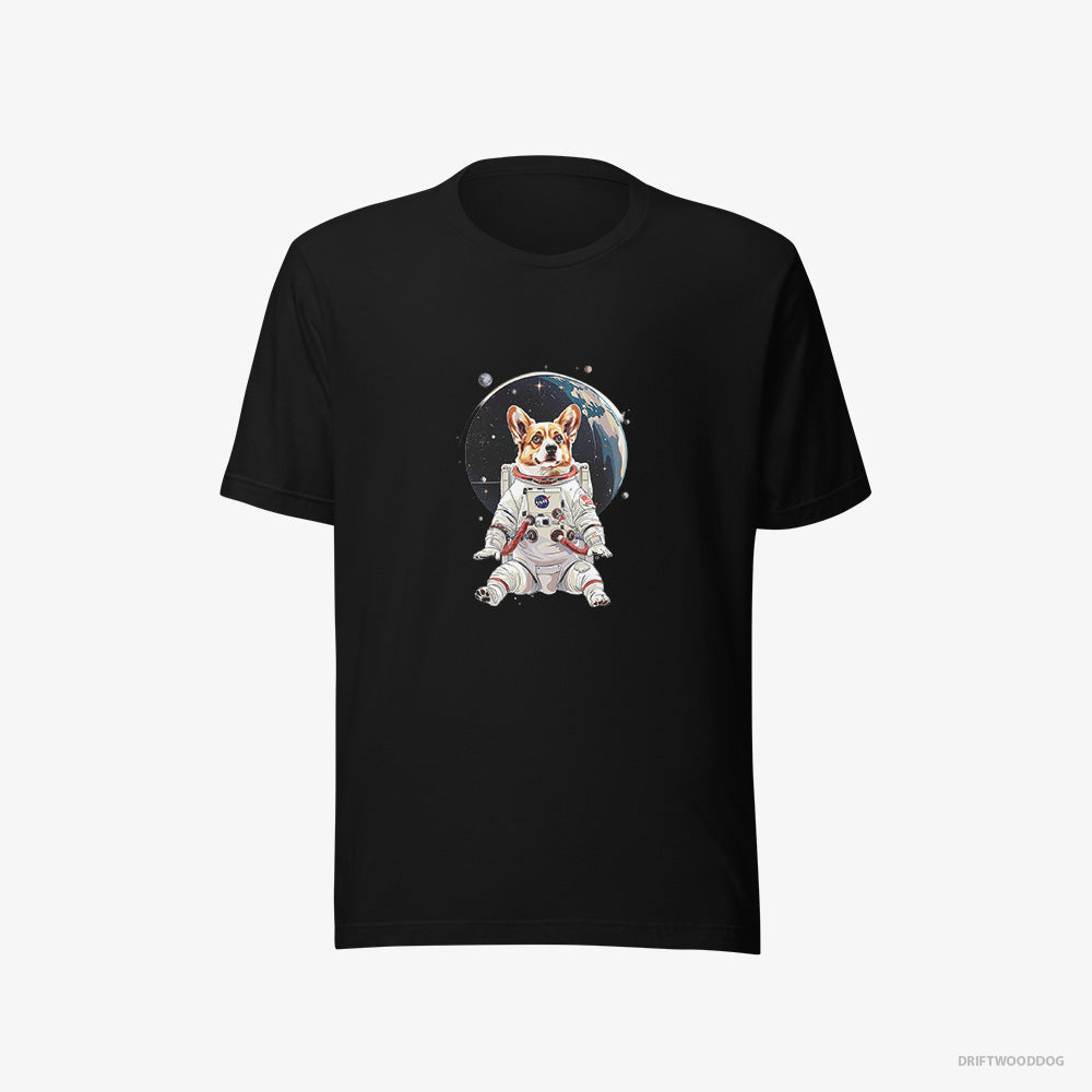 Corgi T-Shirt – Women Black T-Shirt Eco-Friendly – Adventuring in Space (on White Background)