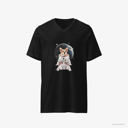 Corgi T-Shirt – Men Black T-Shirt V-Neck – Adventuring in Space (on White Background)