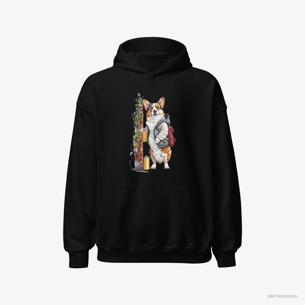 Corgi Hoodie – Men Black Hoodie Classic – Painting Graffiti on the Wall (on White Background)